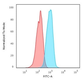 Flow cytometry testing of human MCF7 cells with HER2 ErbB2 antibody (clone HRB2/718); Red=isotype co