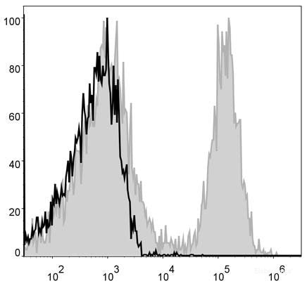 Mouse splenocytes are stained with APC Anti-Mouse CD19 Antibody[Used at 0.02 μg/10<sup>6</sup> cells dilution](filled gray histogram). Unstained splenocytes (blank black histogram) are used as control.