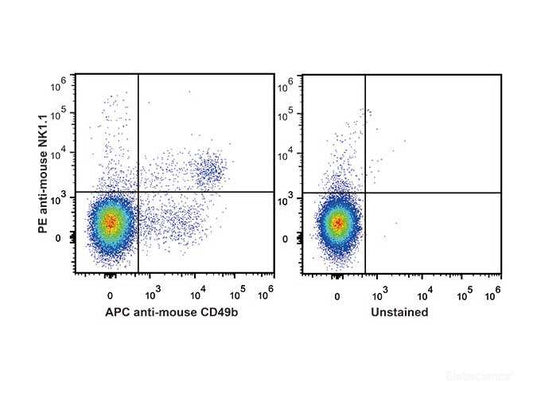 C57BL/6 murine splenocytes are stained with PE Anti-Mouse CD161/NK1.1 Antibody[Used at 0.2 μg/10<sup>6</sup> cells dilution] and APC Anti-Mouse CD49b Antibody. Unstained splenocytes are used as control(Right).