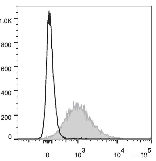 C57BL/6 murine splenocytes are stained with PE/Cyanine5.5 Anti-Mouse CD86 Antibody(filled gray histogram). Unstained splenocytes (empty black histogram) are used as control.