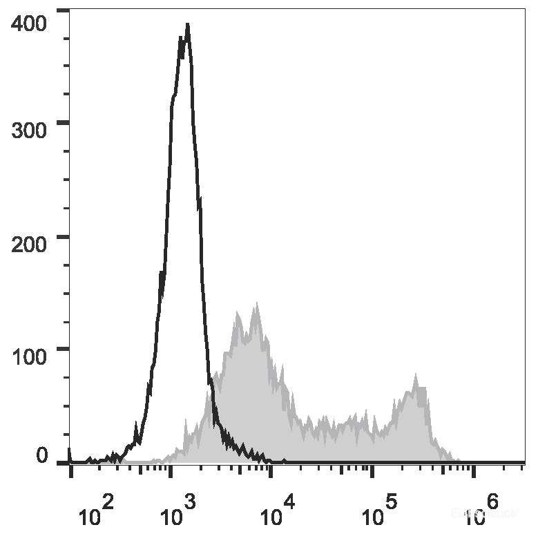 LPS-stimulated (3 days) C57BL/6 murine splenocytes are stained with FITC Anti-Mouse CD86 Antibody[Used at 0.2 μg/10<sup>6</sup> cells dilution](filled gray histogram). Unstained splenocytes (empty black histogram) are used as control.