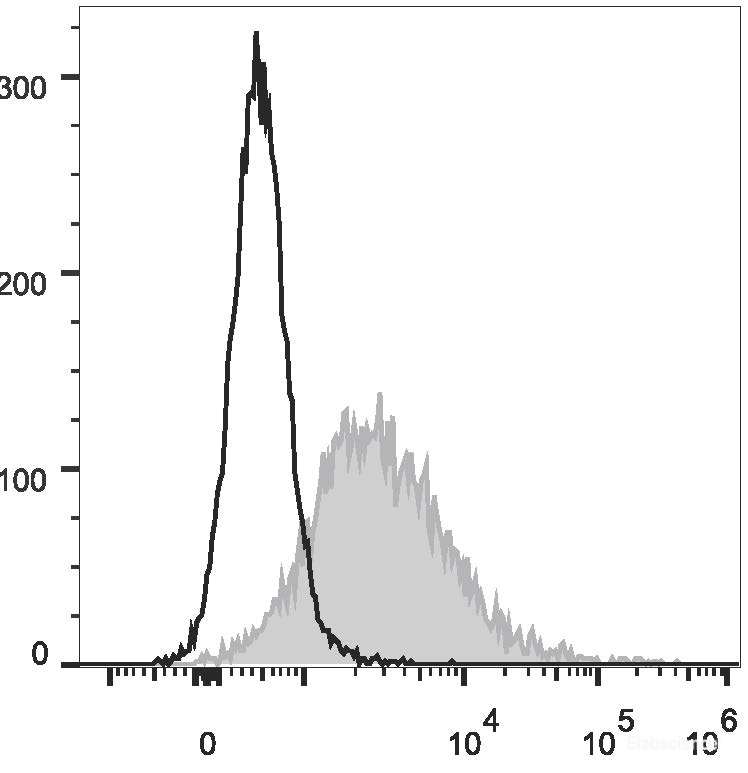 LPS-stimulated (3 days) C57BL/6 murine splenocytes are stained with PE Anti-Mouse CD86 Antibody[Used at 0.2 μg/10<sup>6</sup> cells dilution](filled gray histogram). Unstained splenocytes (empty black histogram) are used as control.