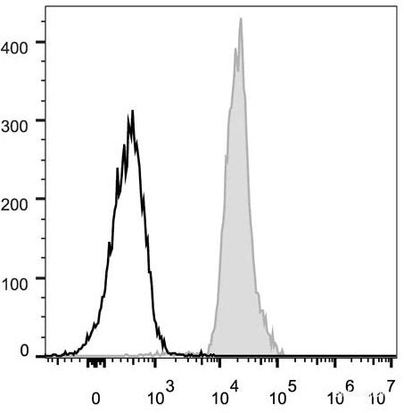 C57BL/6 murine splenocytes are stained with FITC Anti-Mouse CD48 Antibody[Used at 0.2 μg/10<sup>6</sup> cells dilution](filled gray histogram). Unstained lymphocytes (empty black histogram) are used as control.