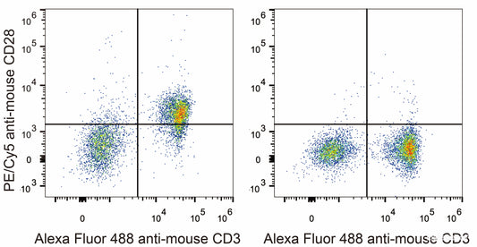 C57BL/6 murine splenocytes are stained with PE/Cyanine5 Anti-Mouse CD28 Antibody[Used at 0.2 μg/10<sup>6</sup> cells dilution] and AF488 Anti-Mouse CD3 Antibody. Splenocytes stained with AF488 Anti-Mouse CD3 Antibody(Right) are used as control.