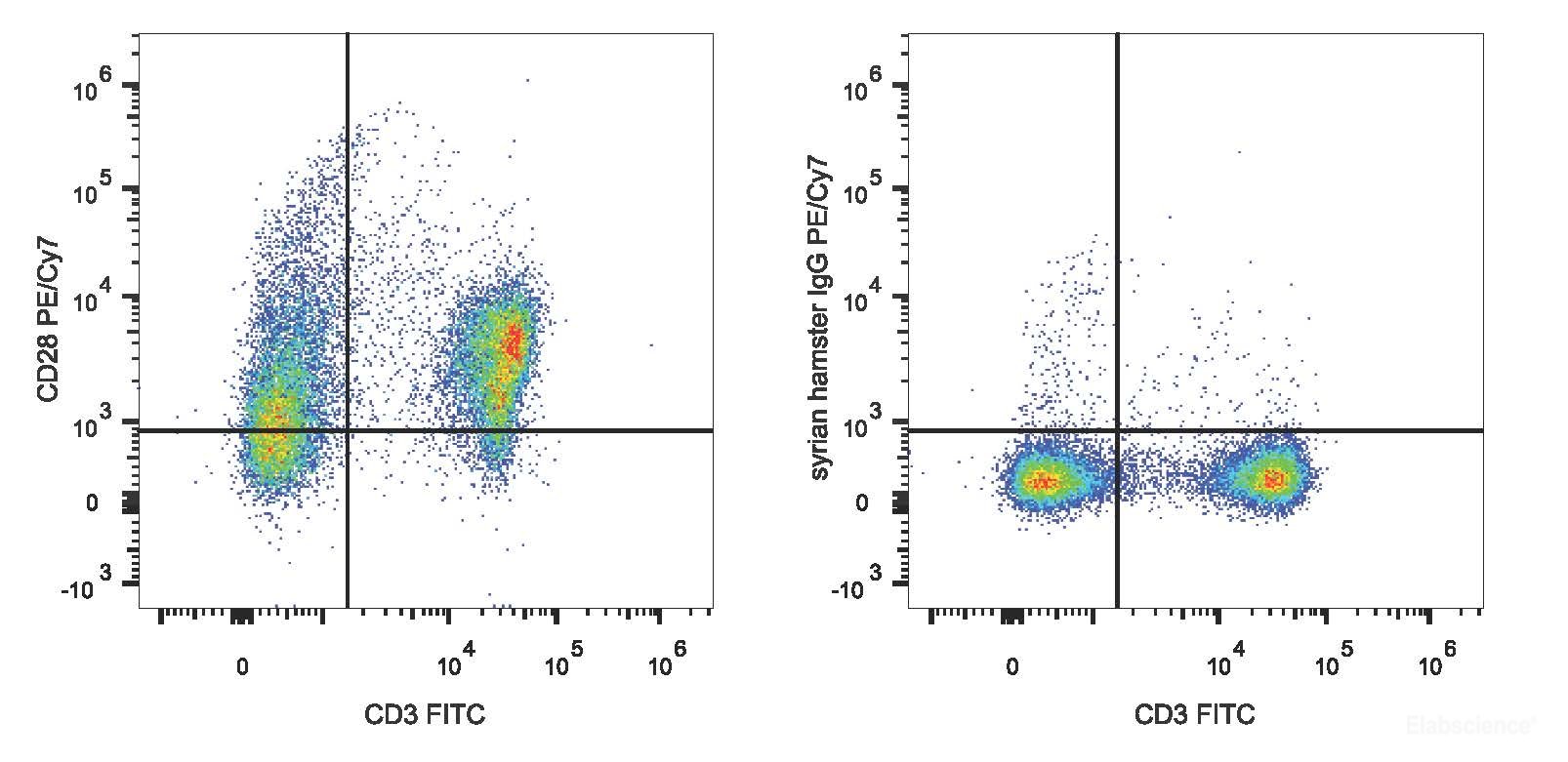 C57BL/6 murine splenocytes are stained with PE/Cyanine7 Anti-Mouse CD28 Antibody[Used at 0.2 μg/10<sup>6</sup> cells dilution] and FITC Anti-Mouse CD3 Antibody(Left). Splenocytes stained with FITC Anti-Mouse CD3 Antibody and PE/Cyanine7 Rat IgG1 Isotype Control(Right) are used as control.