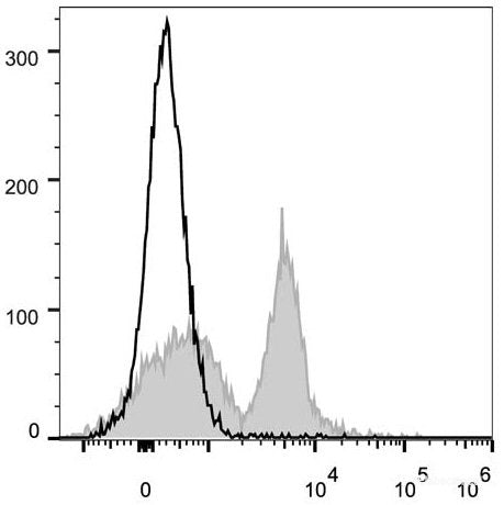 C57BL/6 murine splenocytes are stained with PE/Cyanine5 Anti-Mouse CD40 Antibody[Used at 0.2 μg/10<sup>6</sup> cells dilution](filled gray histogram). Unstained splenocytes (empty black histogram) are used as control.
