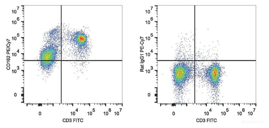C57BL/6 murine splenocytes are stained with PE/Cyanine7 Anti-Mouse CD162 Antibody[Used at 0.2 μg/10<sup>6</sup> cells dilution] and FITC Anti-Mouse CD3 Antibody(Left). Splenocytes stained with FITC Anti-Mouse CD3 Antibody and PE/Cyanine7 Rat IgG1 Isotype Control(Right) are used as control.
