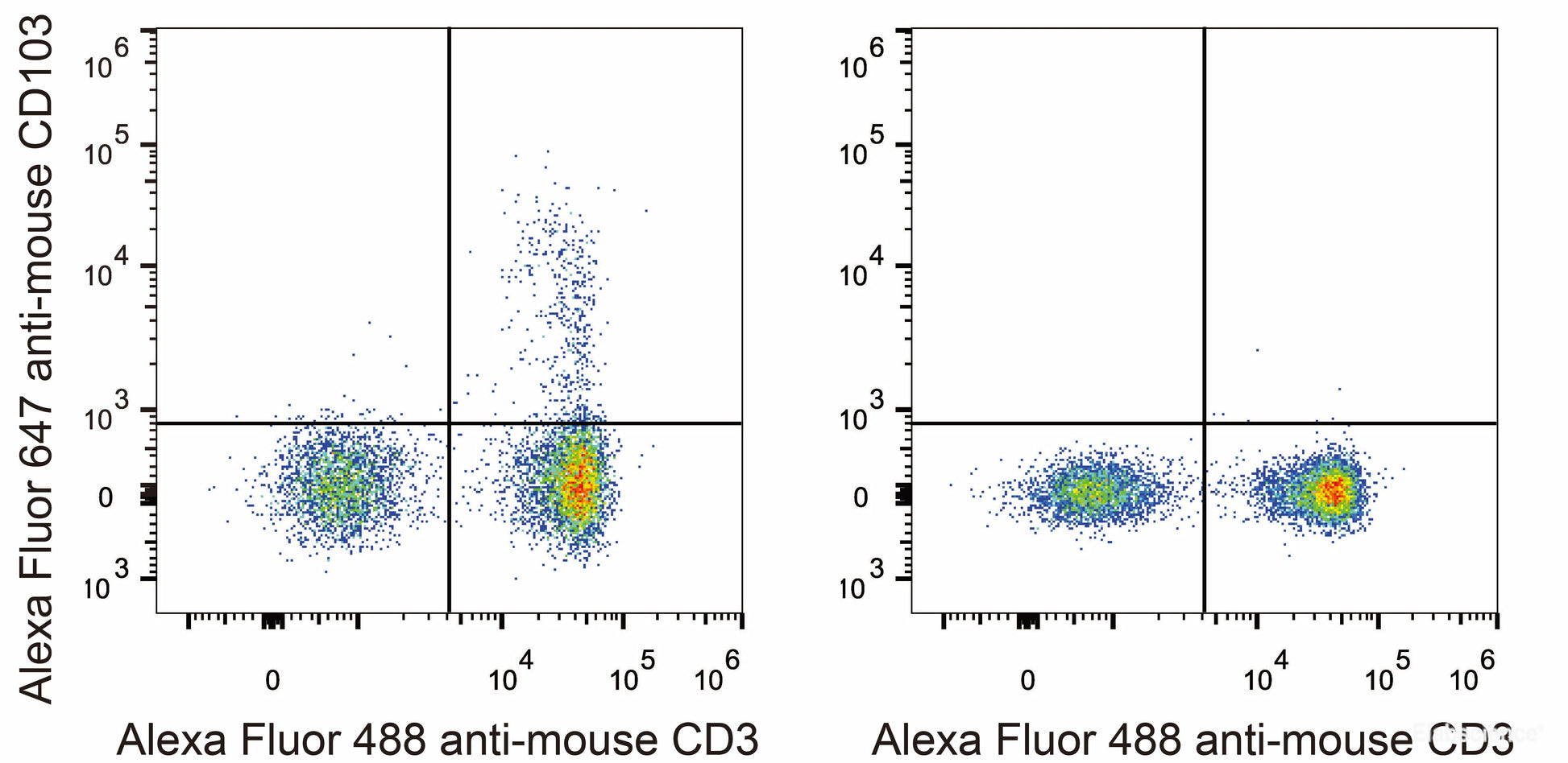 C57BL/6 murine splenocytes are stained with AF647 Anti-Mouse CD103 Antibody[Used at 0.2 μg/10<sup>6</sup> cells dilution] and AF488 Anti-Mouse CD3 Antibody. Splenocytes stained with AF488 Anti-Mouse CD3 Antibody (Right) are used as control.