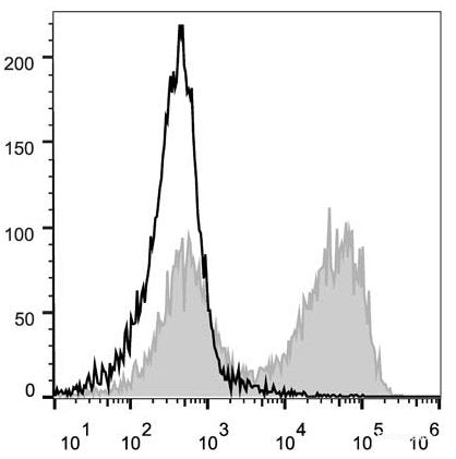 C57BL/6 murine splenocytes are stained with PE/Cyanine5 Anti-Mouse CD90.2 Antibody[Used at 0.2 μg/10<sup>6</sup> cells dilution](filled gray histogram). Unstained splenocytes (empty black histogram) are used as control.