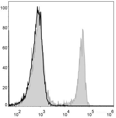 Mouse splenocytes are stained with AF488 Anti-Mouse CD4 Antibody[Used at 0.2 μg/10<sup>6</sup> cells dilution](filled gray histogram). Unstained splenocytes (blank black histogram) are used as control.