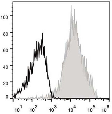Mouse/Human splenocytes are stained with APC Anti-Mouse/Human CD44 Antibody[Used at 0.2 μg/10<sup>6</sup> cells dilution](filled gray histogram). Unstained splenocytes (empty black histogram) are used as control.