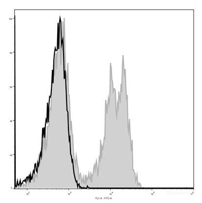 C57BL/6 murine splenocytes are stained with AF488 Anti-Mouse CD3ε Antibody[Used at 0.2 μg/10<sup>6</sup> cells dilution](filled gray histogram). Unstained splenocytes (empty black histogram) are used as control.