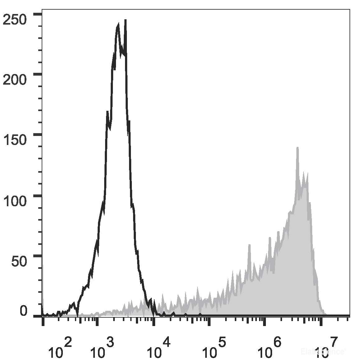 Mouse abdominal macrophages elicited by starch broth are stained with PE Anti-Mouse CD206 Antibody(filled  gray histogram)or PE Rat IgG2a, κ Isotype Control(empty black histogram).
