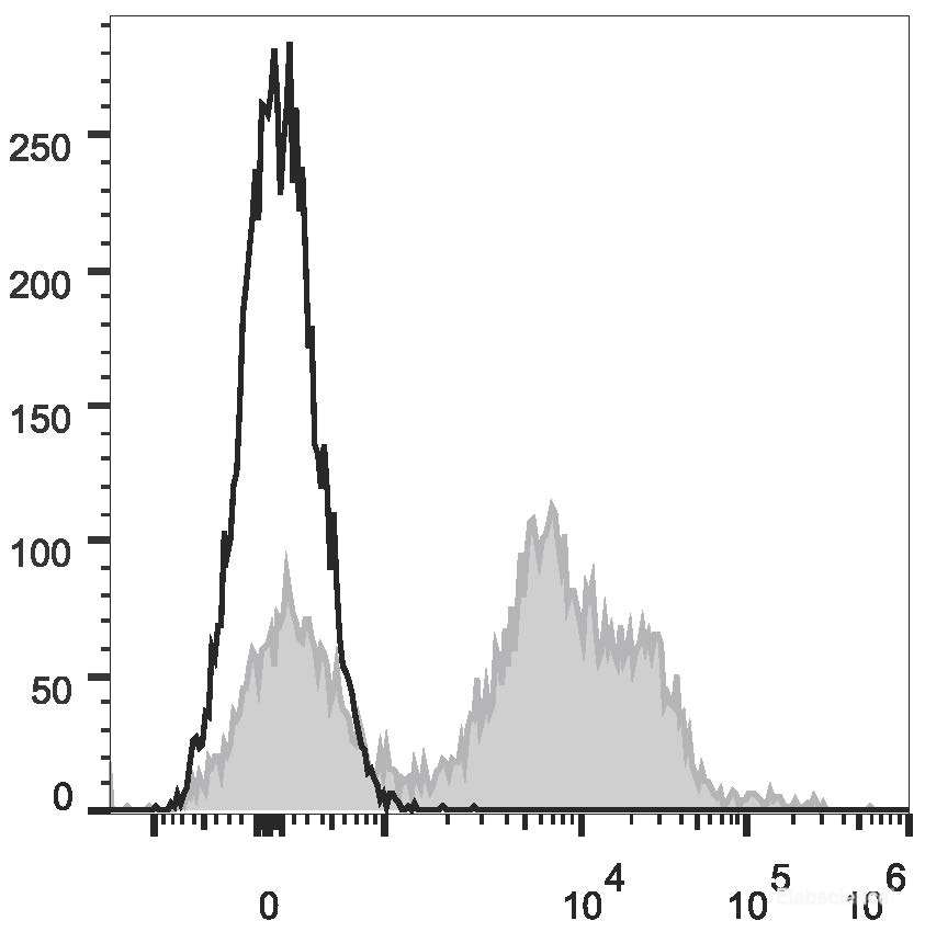 C57BL/6 murine splenocytes are stained with APC Anti-Mouse CD24 Antibody[Used at 0.02 μg/10<sup>6</sup> cells dilution](filled gray histogram). Unstained splenocytes (empty black histogram) are used as control.