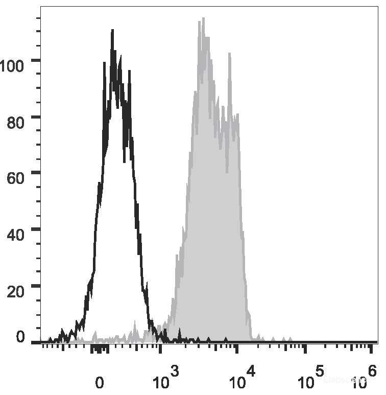 C57BL/6 murine bone marrow cells are stained with FITC Anti-Mouse Ly-6G/Ly-6C (Gr-1) Antibody[Used at 0.2 μg/10<sup>6</sup> cells dilution](filled gray histogram). Unstained bone marrow cells (empty black histogram) are used as control.