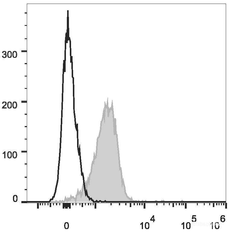 C57BL/6 murine splenocytes are stained with PE/Cyanine7 Anti-Mouse CD31 Antibody[Used at 0.05 μg/10<sup>6</sup> cells dilution](filled gray histogram). Unstained splenocytes (empty black histogram) are used as control.