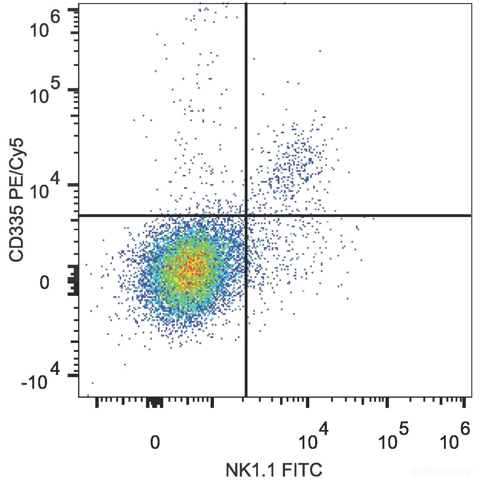 C57BL/6 murine splenocytes are stained with PE/Cyanine5 Anti-Mouse CD335 Antibody[Used at 0.2 μg/10<sup>6</sup> cells dilution] and FITC anti-Anti-Mouse NK1.1 Antibody.
