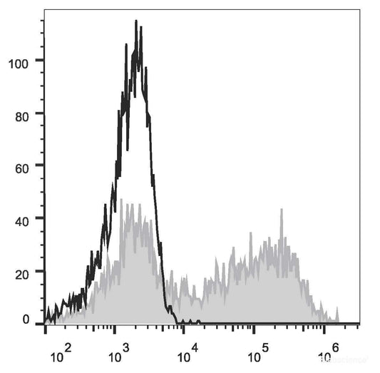 HEK293T cells transiently transfected with pcDNA3.1 plasmid encoding Mouse IL-10 gene are stained with PE Anti-Mouse IL-10 Antibody(filled gray histogram) or PE Rat IgG2b, κ lsotype Control(empty black histogram).