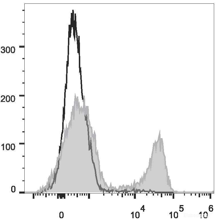 C57BL/6 murine splenocytes are stained with FITC Anti-Mouse IgM Antibody[Used at 0.2 μg/10<sup>6</sup> cells dilution](filled gray histogram). Unstained splenocytes (empty black histogram) are used as control.