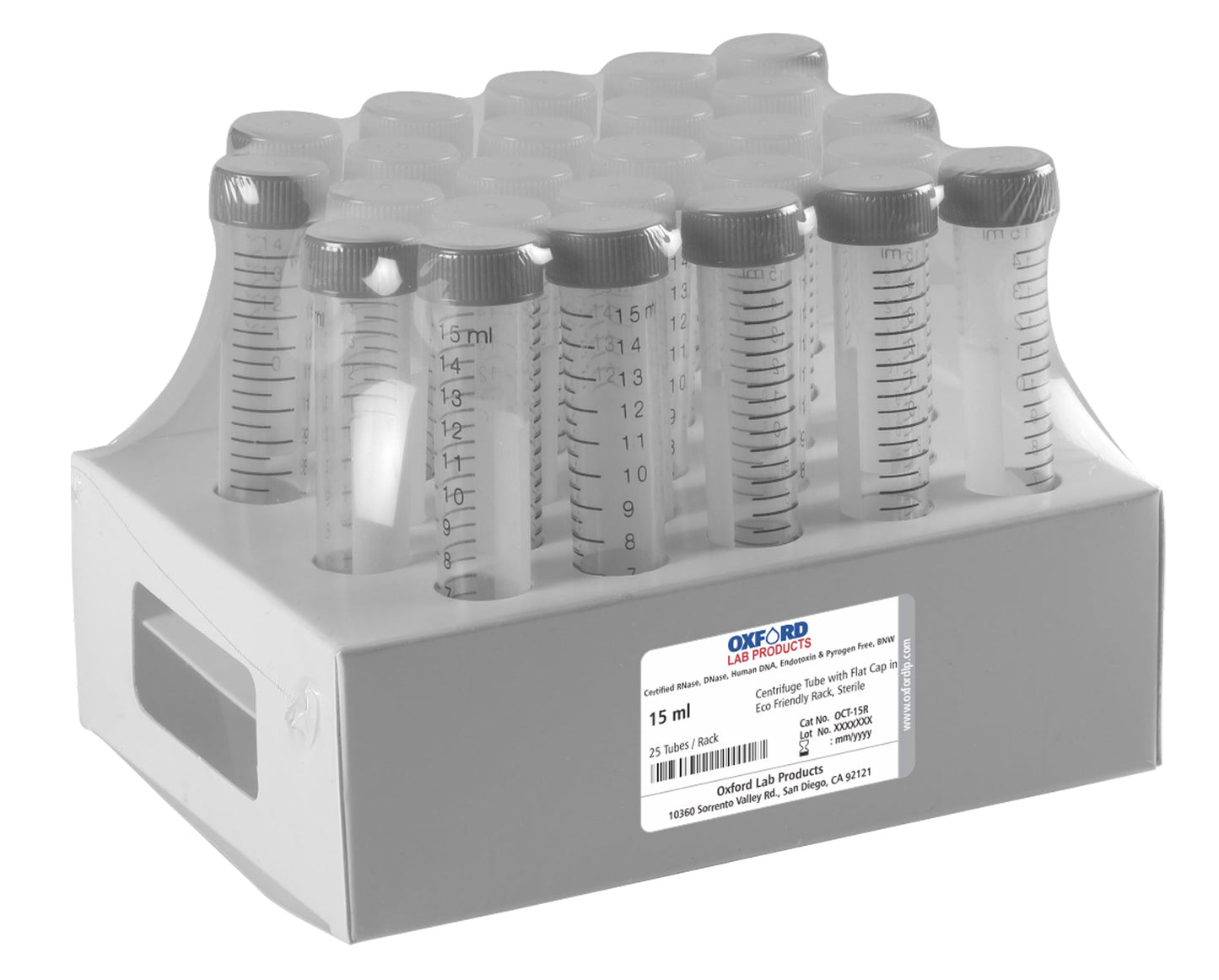 Oxford 15mL Centrifuge Tubes, Eco-friendly Rack, Sterile, 25 tubes x 20 packs, 500 tubes / case