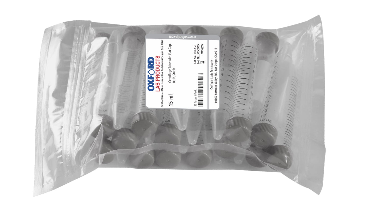 Oxford 50mL Centrifuge Tubes, Bulk, Sterile, 25 tubes x 20 packs, 500 tubes / case